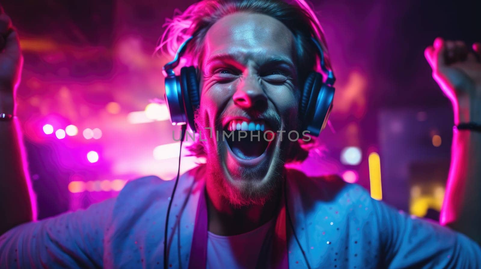 candid shot of an excited young scandinavian man party with headphones. beautiful Generative AI AIG32