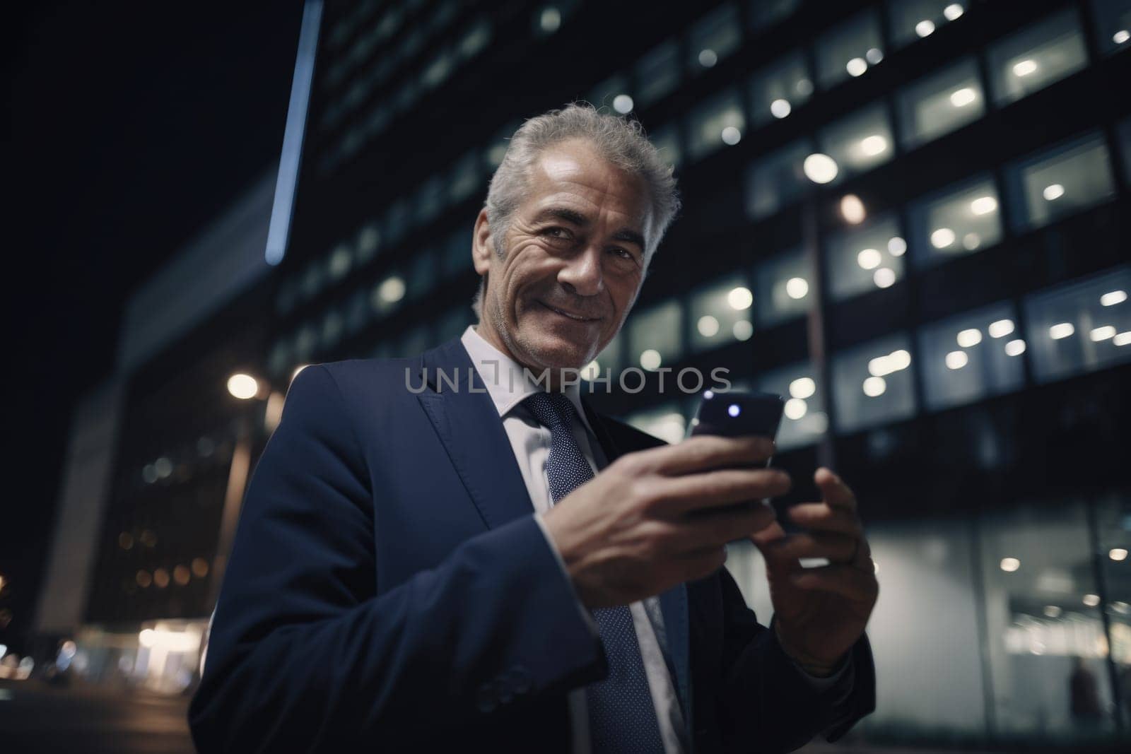 Wide angle shot of a senior caucasian businessman executive using mobile phone with background of modern office buildings at night. Generative AI AIG18.