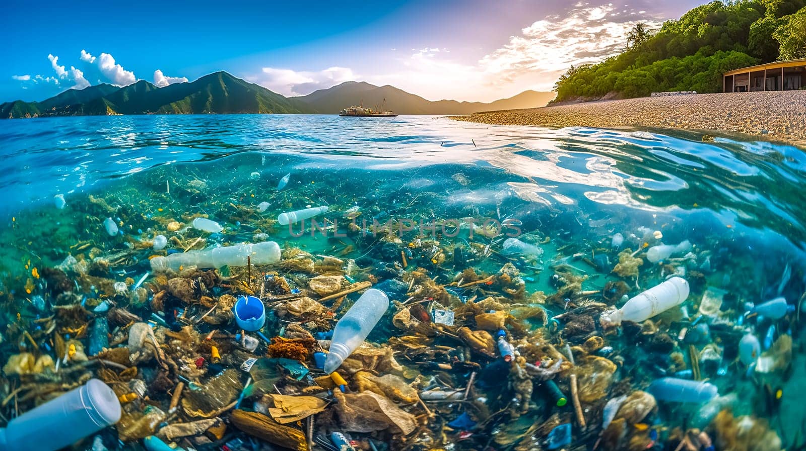 plastic waste in ocean waters, global pollution of the planet, made with Generative AI. High quality illustration
