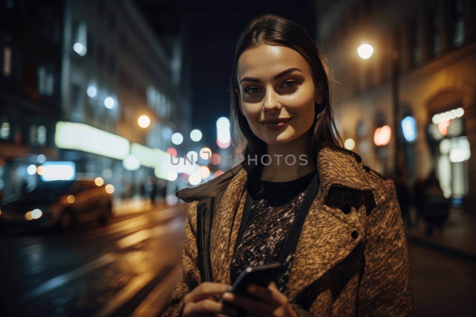 Wide angle shot of a young caucasian woman trendy clothes using mobile phone with background of urban city street at night. Generative AI AIG18.