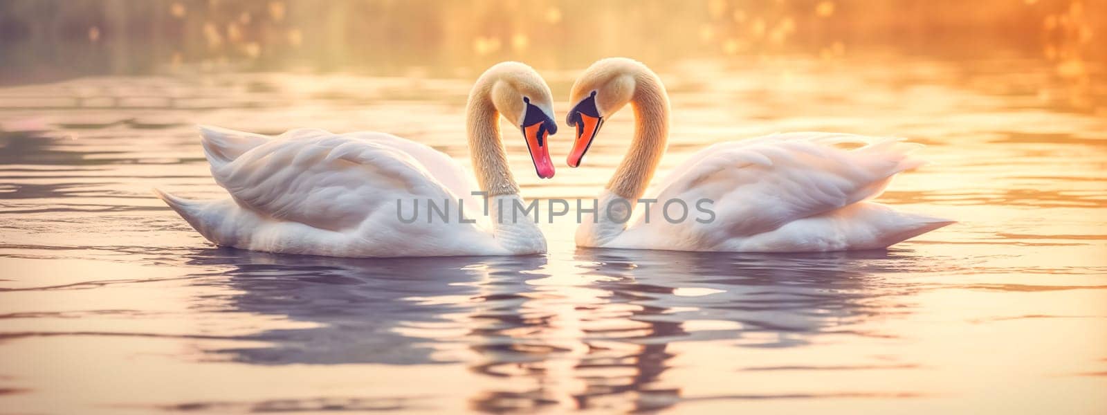 a pair of swans in love on the surface of the water at sunset forming a heart shape, banner made with Generative AI by Edophoto