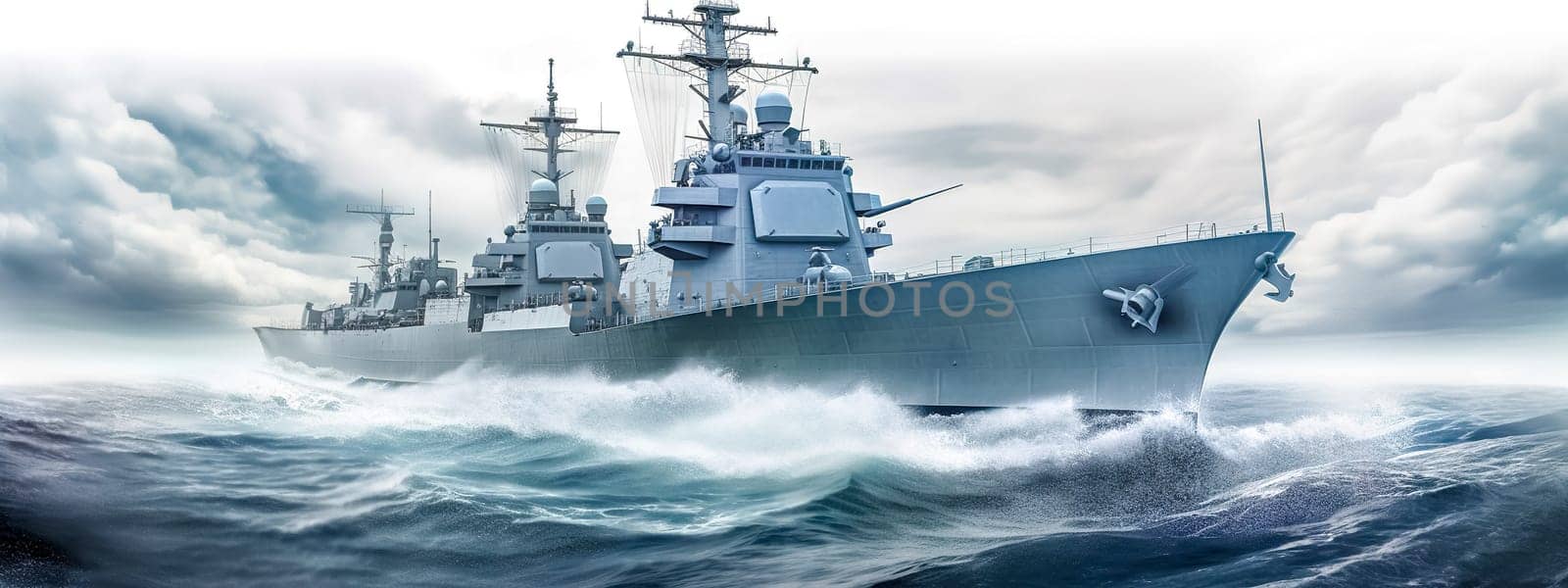 modern army battleship with guns in the waters of the ocean, military navy ship, banner made with Generative AI by Edophoto