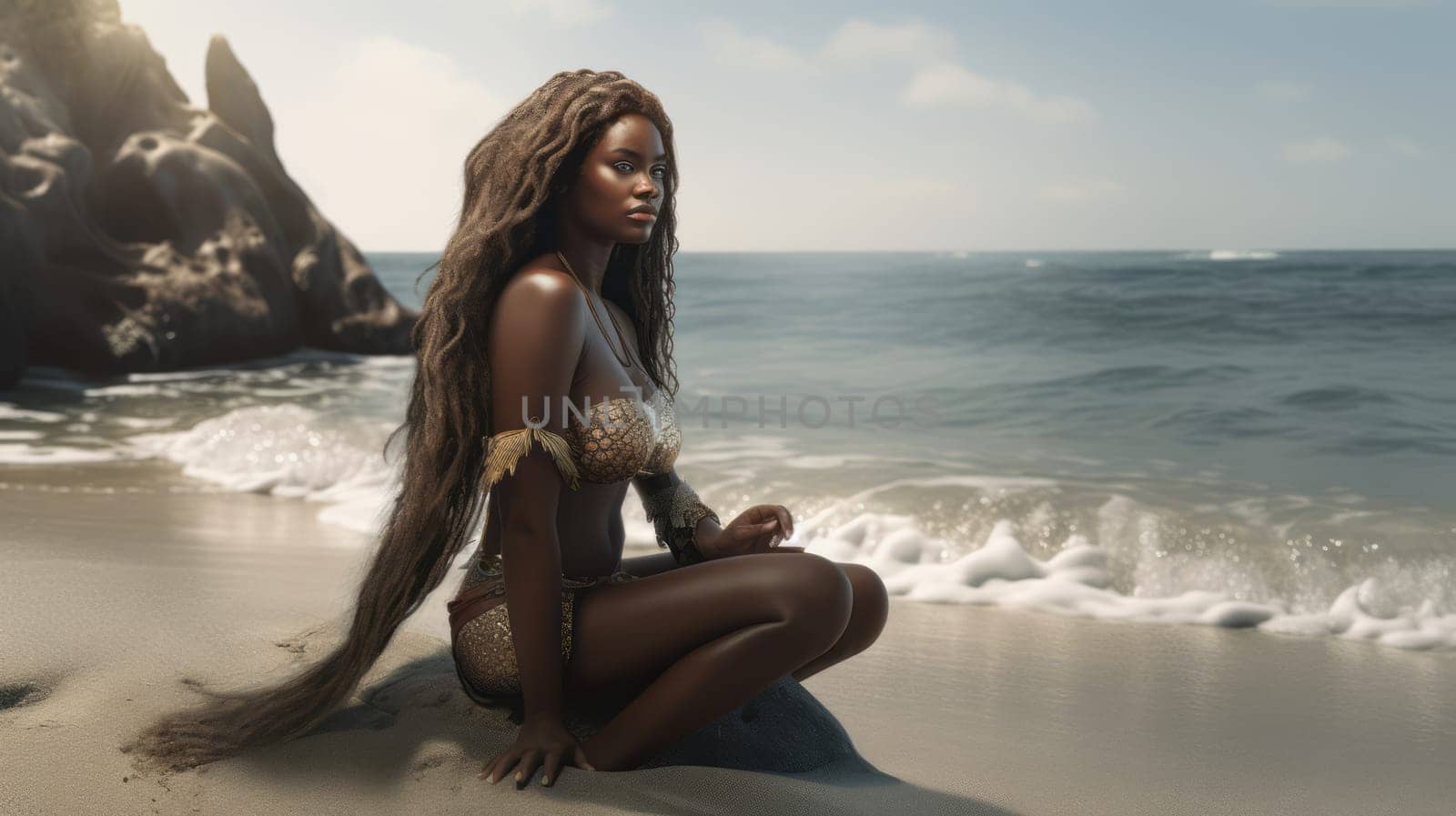 African-American girl with long hair, in a golden mermaid swimming suit, sits on the beach, near the sea, looks away. Ai generative