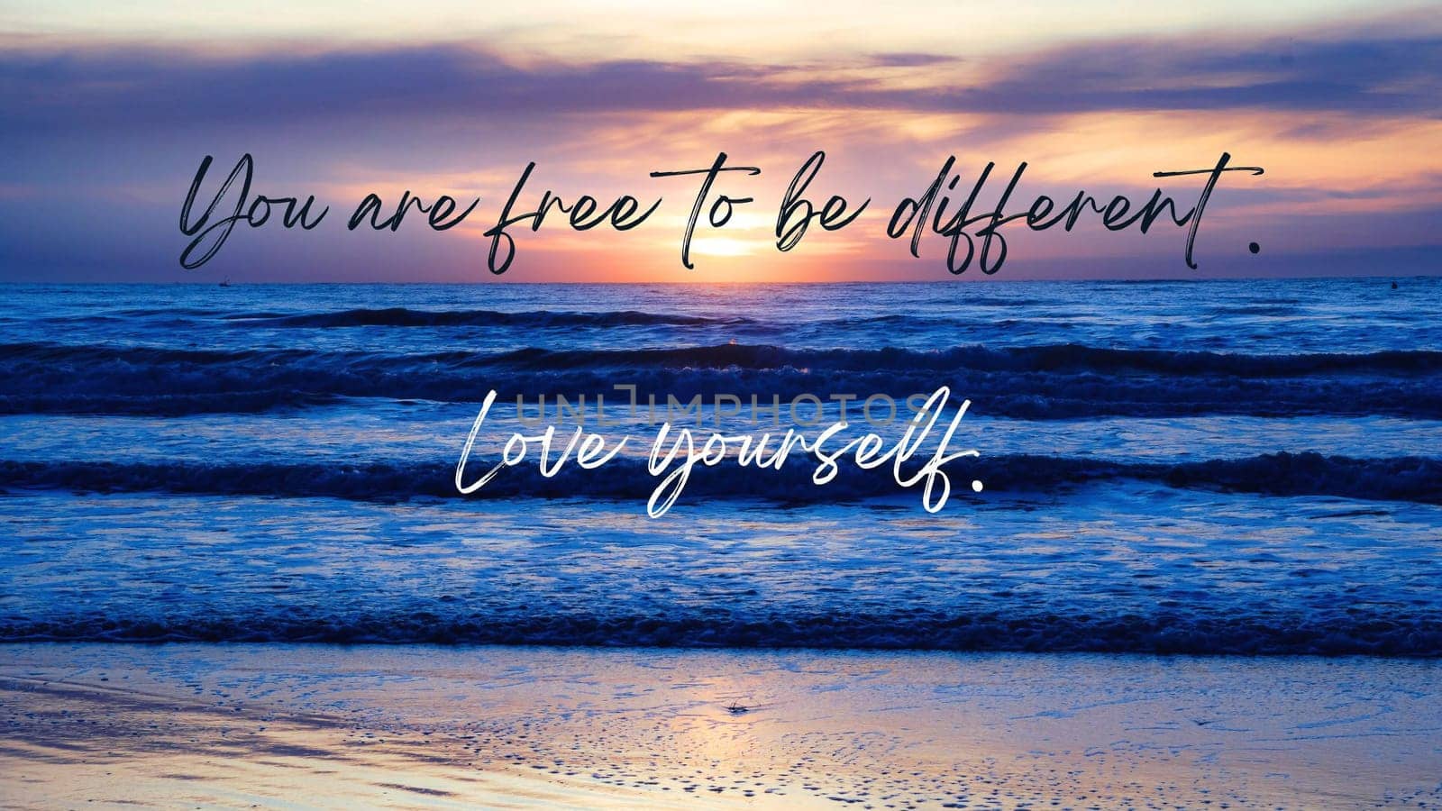 Affirmation photo You are free to be different Love yourself sunset over the sea horizon orange sky clouds dark sea water edge sand.