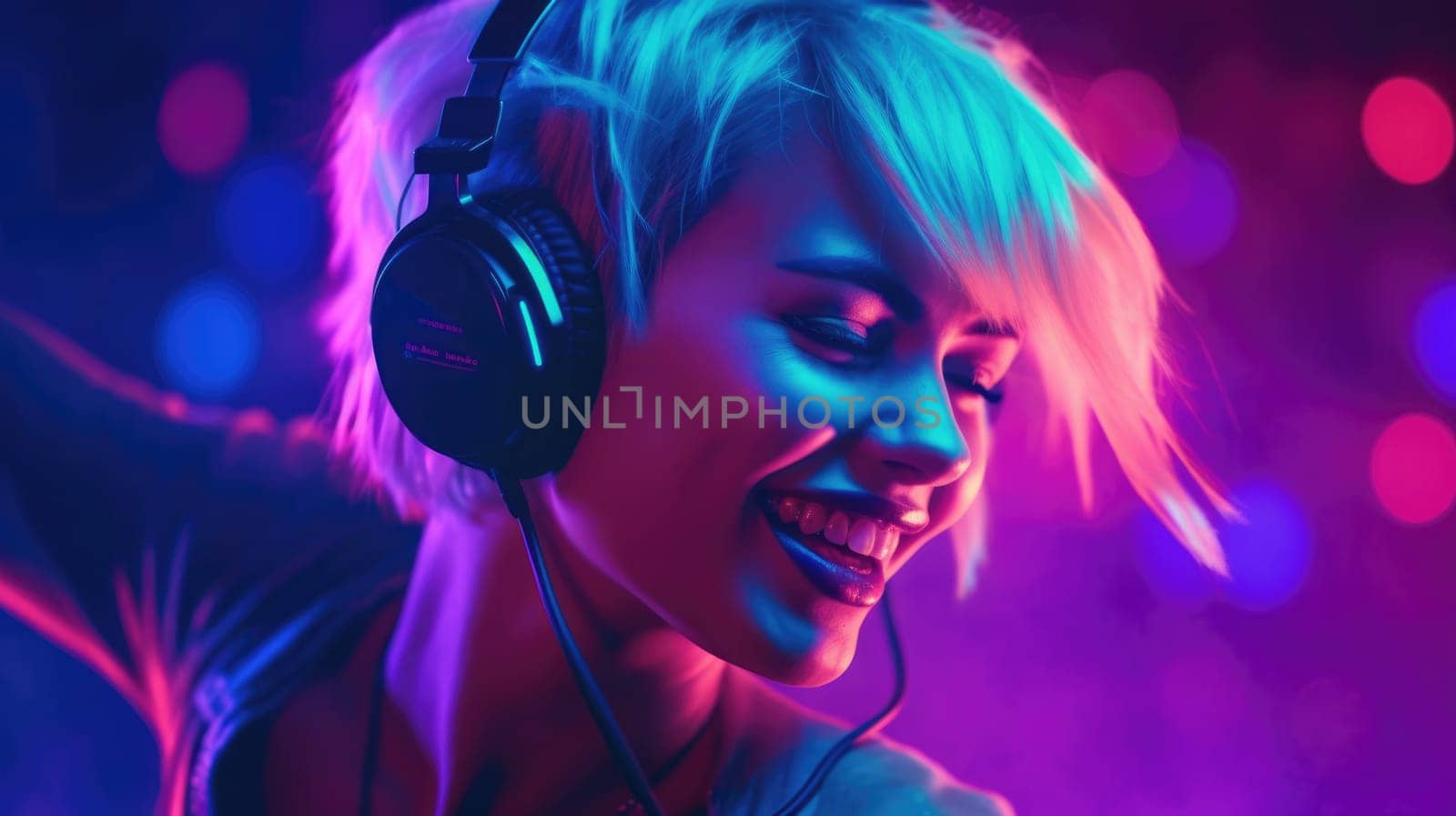 candid shot of an excited young scandinavian woman party with headphones. generative ai AIG32 by biancoblue