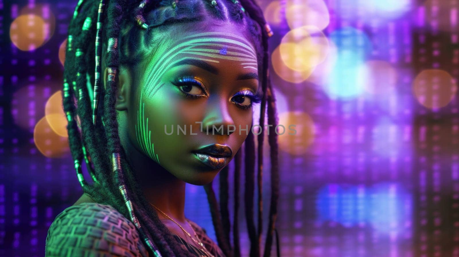 Beautiful model with colorful and trendy outfit with glowing purple green neon light, colorful dyed hair and fashionable african glitch core teenager girl. Picturesque generative AI