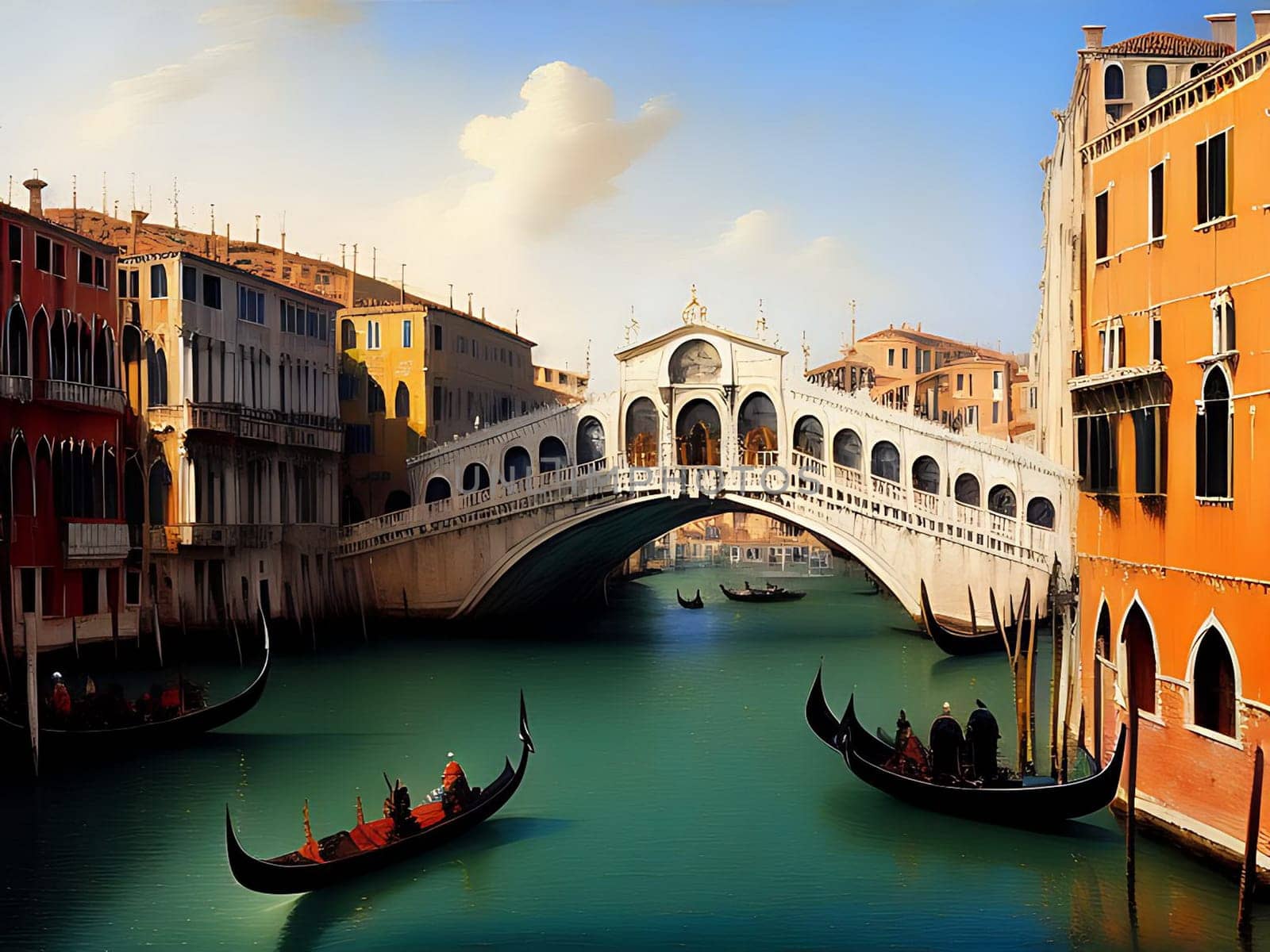 The picturesque Rialto Bridge gracefully spans the Grand Canal, while charming gondolas float serenely in the foreground, creating an iconic scene in Venice, Italy. The tranquil waters reflect the beauty of the bridge, adding to the enchantment of the city's romantic atmosphere. AI generated.