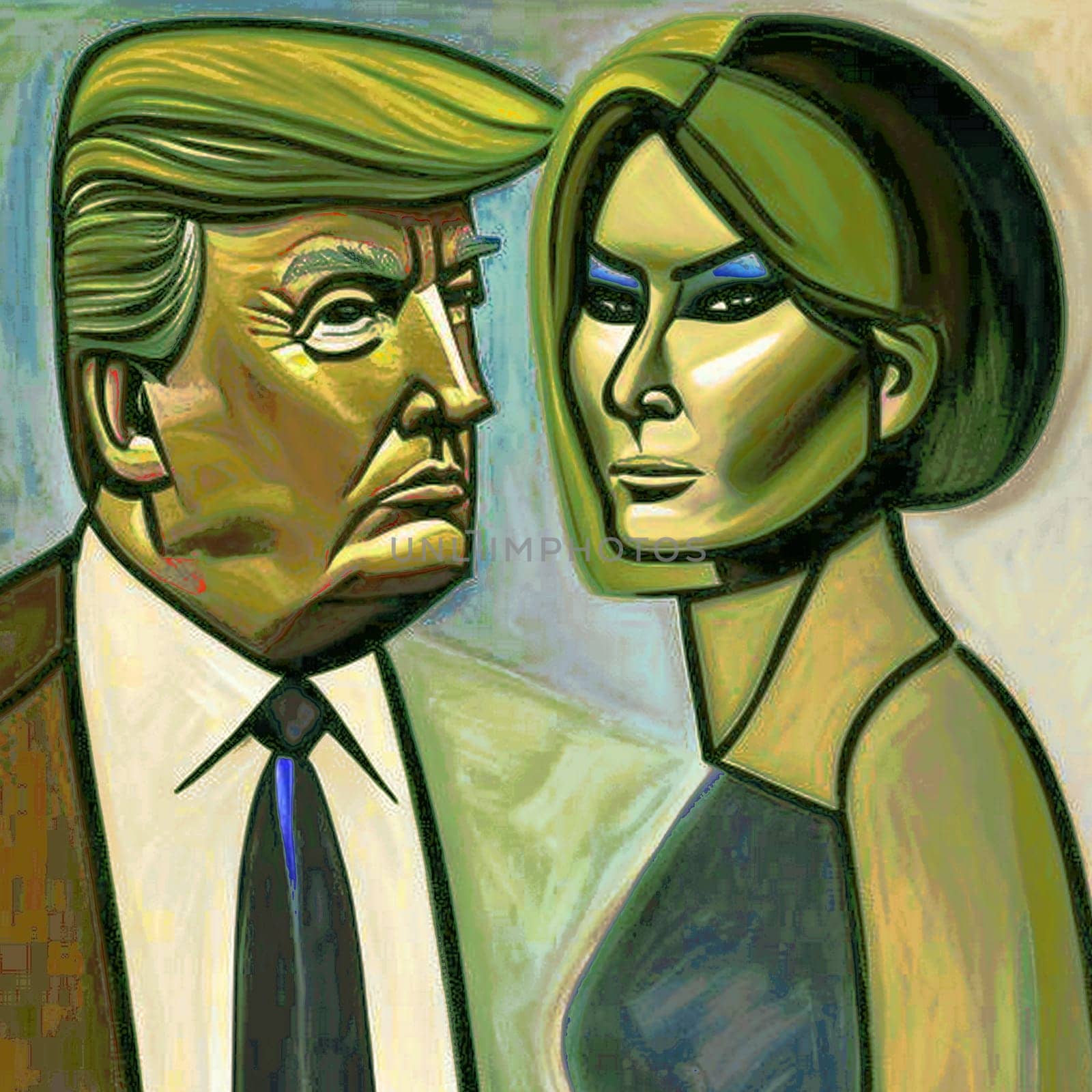 Immerse yourself in this captivating cubist style portrait that encapsulates the essence of Trump and Melania. The AI-generated artwork portrays the couple in a unique and thought-provoking manner, showcasing their influential roles as the President of the United States and his elegant wife.