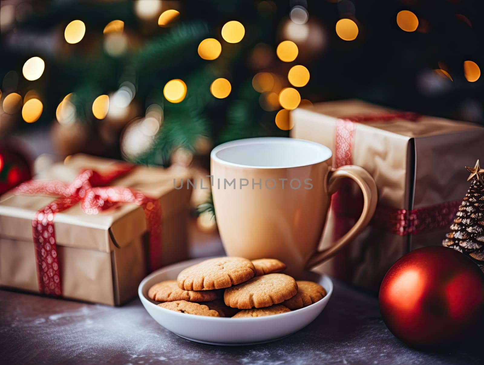 Closeup professional color grading photography of Christmas cookies, cup of coffee, and gift boxes with blurred Christmas tree in the background. Generative AI by Ostanina