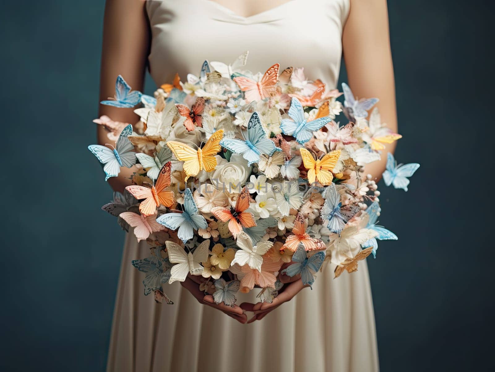 Close up photo of woman hands holding an elegant bridal bouquet with real flowers and decorated with silk butterflies. Generative AI.