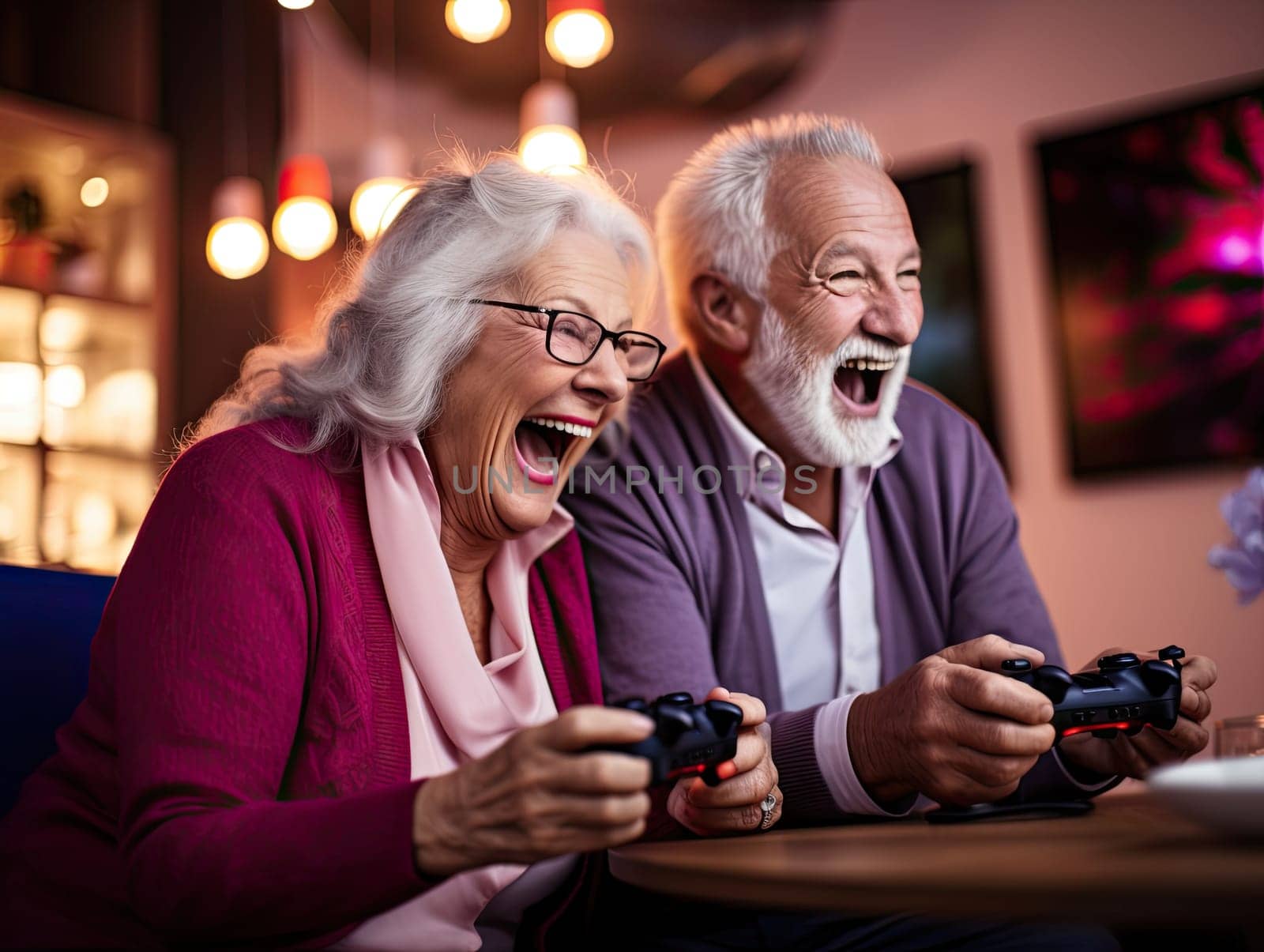 Cute retired gray haired senior gamers couple in vibrant clothes laughing and playing video game at the birthday party. Generative AI.