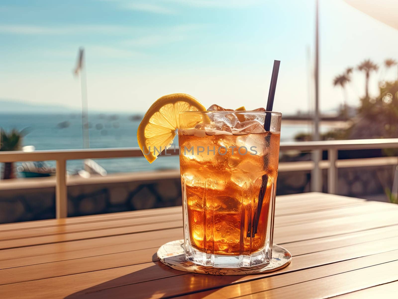 Italian spritz cocktail drink standing on a sunlit bar deck with sea view. Generative AI.