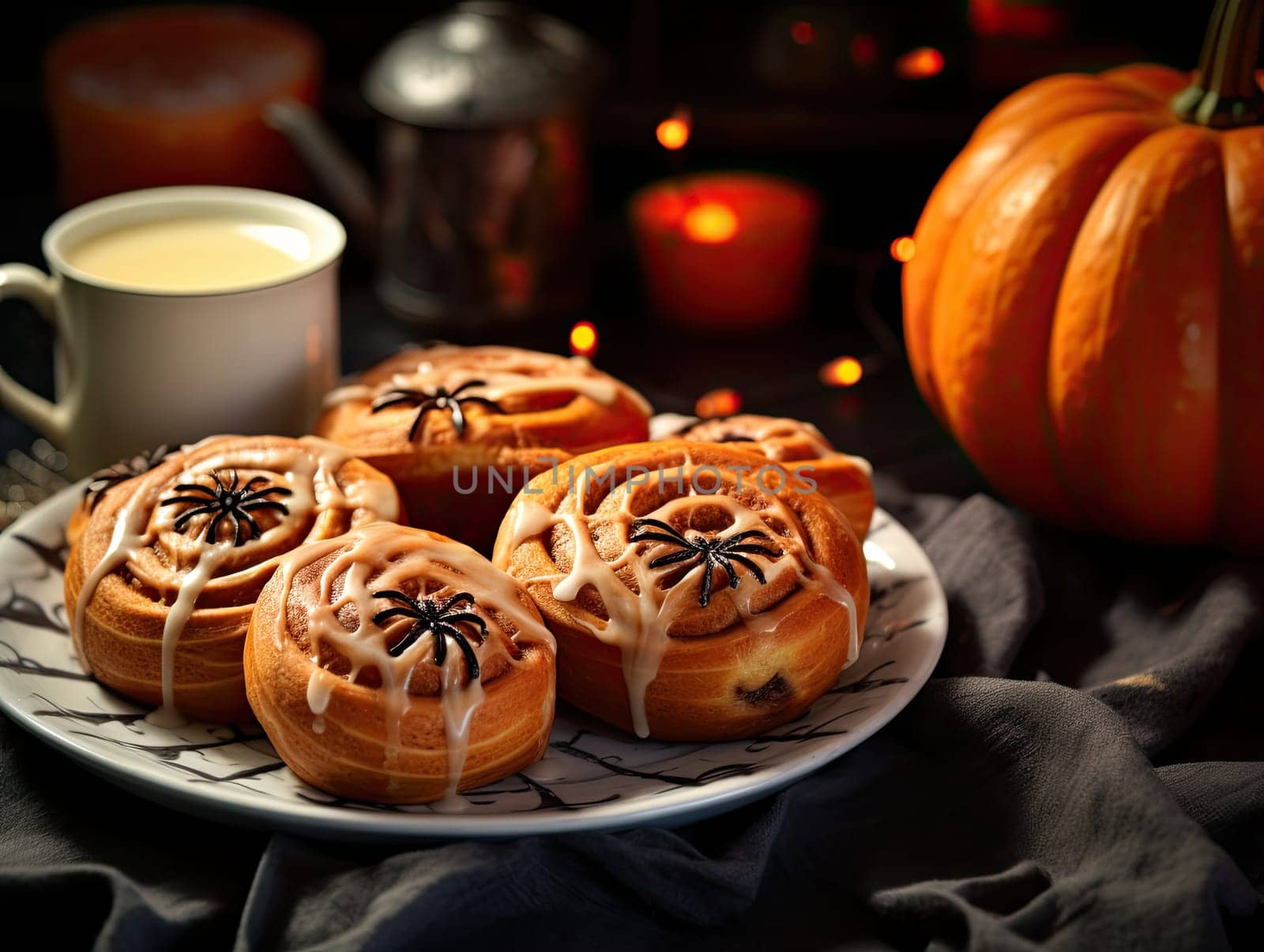 Freshly baked halloween cinnamon rolls with chocolate spider and spider web ornament with cup of coffee and orange halloween pumpkins in the background. Generative AI.