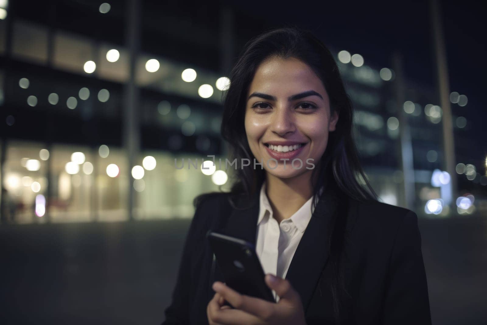Wide angle shot of a young mexican hispanic businesswoman executive using mobile phone with background of modern office buildings at night. Generative AI AIG18. by biancoblue