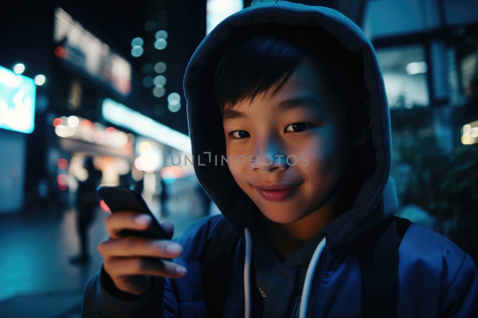 Low angle shot of a young chinese japanese 10-year-old little boy trendy clothes using mobile phone with background of urban city street at night. Generative AI AIG18. by biancoblue