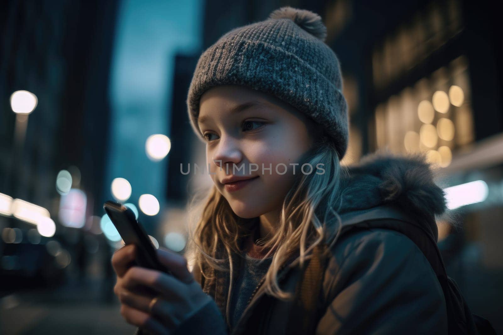Low angle shot of a young caucasian 10-year-old little girl trendy clothes using mobile phone with background of urban city street at night. Generative AI AIG18. by biancoblue