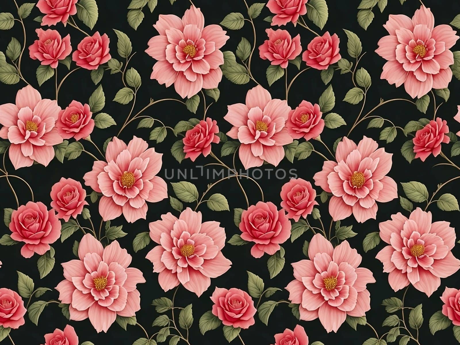 Floral Seamless Pattern of Pink Garden Rose Flowers and Green Leaves on Dark Green Backdrop by LanaLeta