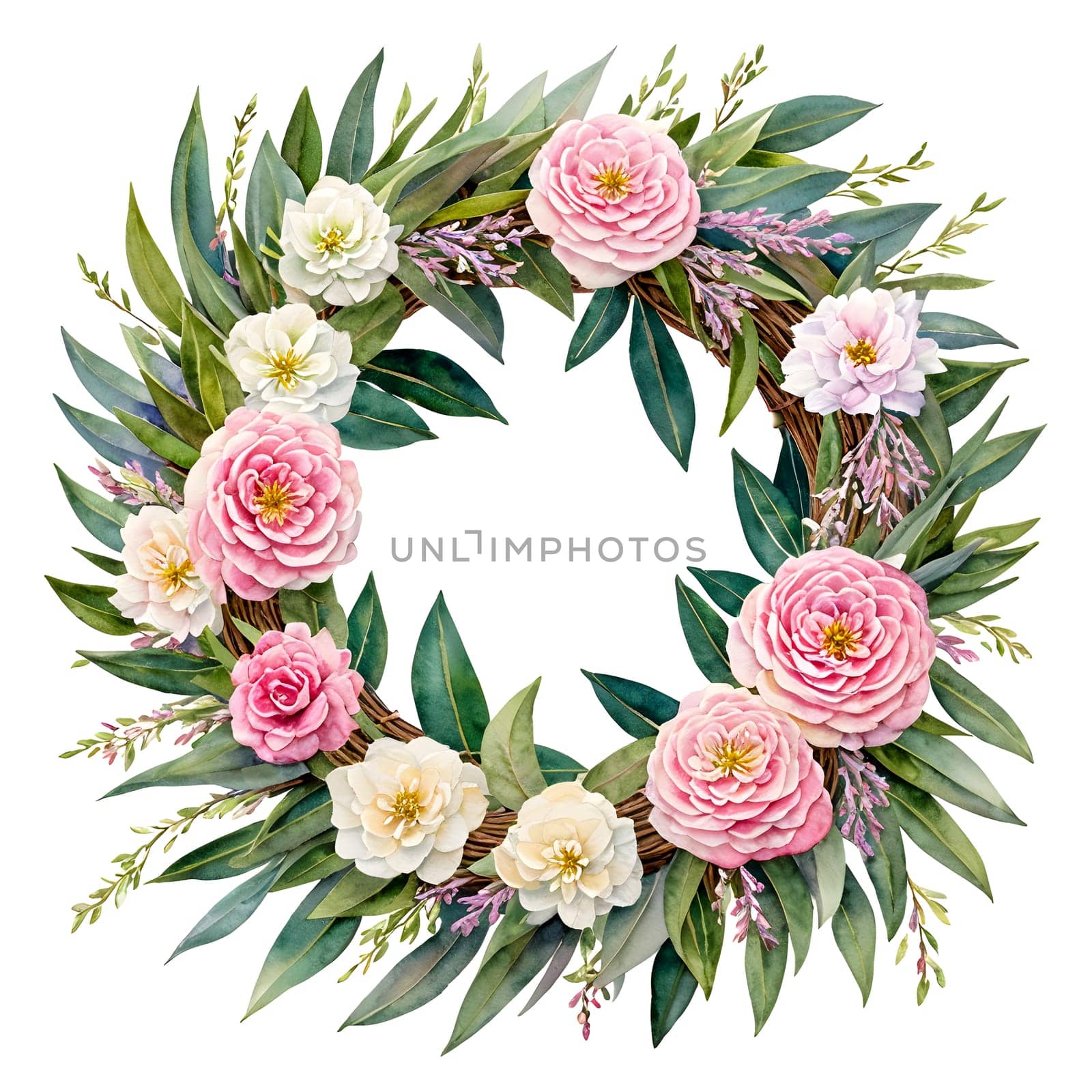 Watercolor Floral Wreath with Pink and White Flowers and Leaves on White Background for Invitations, Wedding or Greeting Cards, Package Design, Decoration. AI Generated