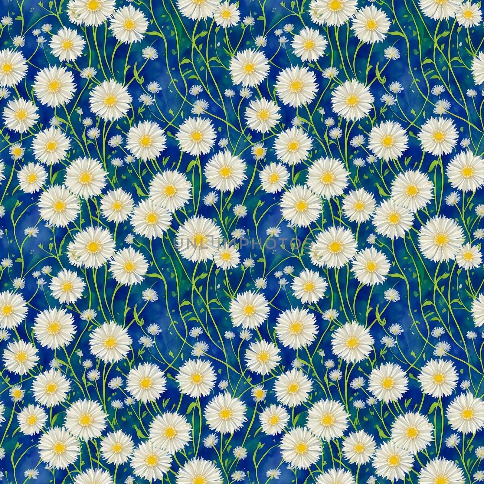 Watercolor Floral Seamless Pattern of White Chrysanthemums on a Blue Background. Design for Textiles, Wallpapers, Covers, Clothes, Wraping Papers, Packages. AI Generated