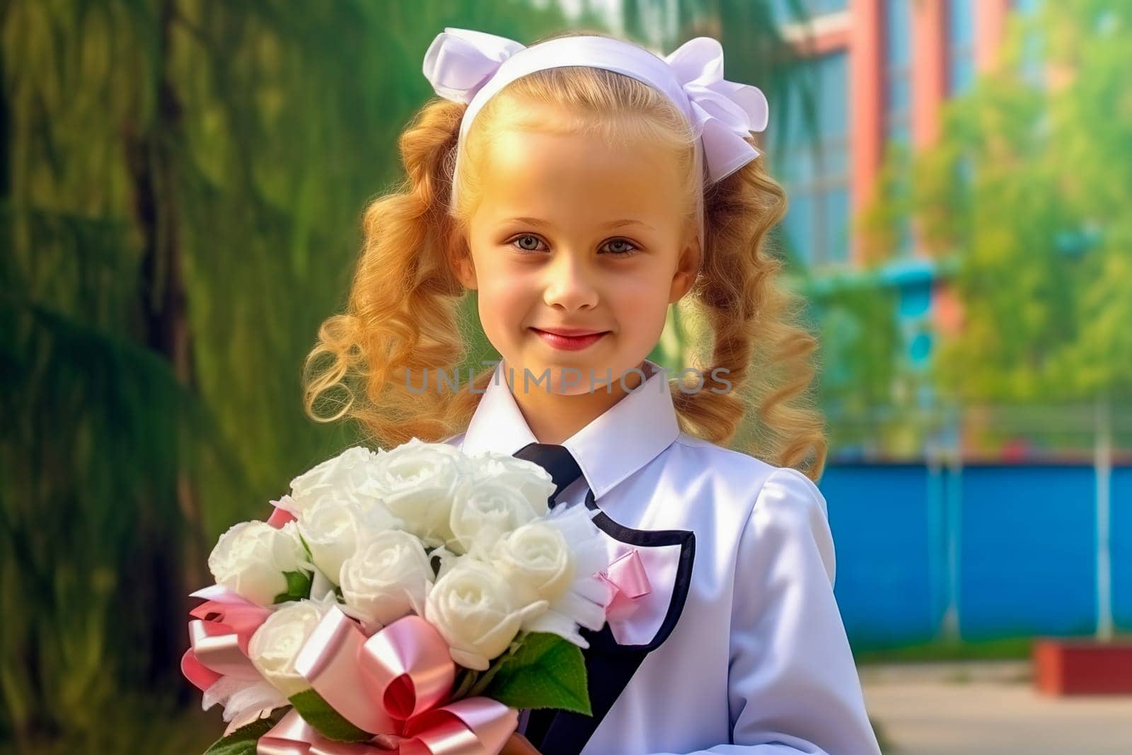 Portrait of a first-grader with a bouquet of flowers. Generative AI. High quality illustration