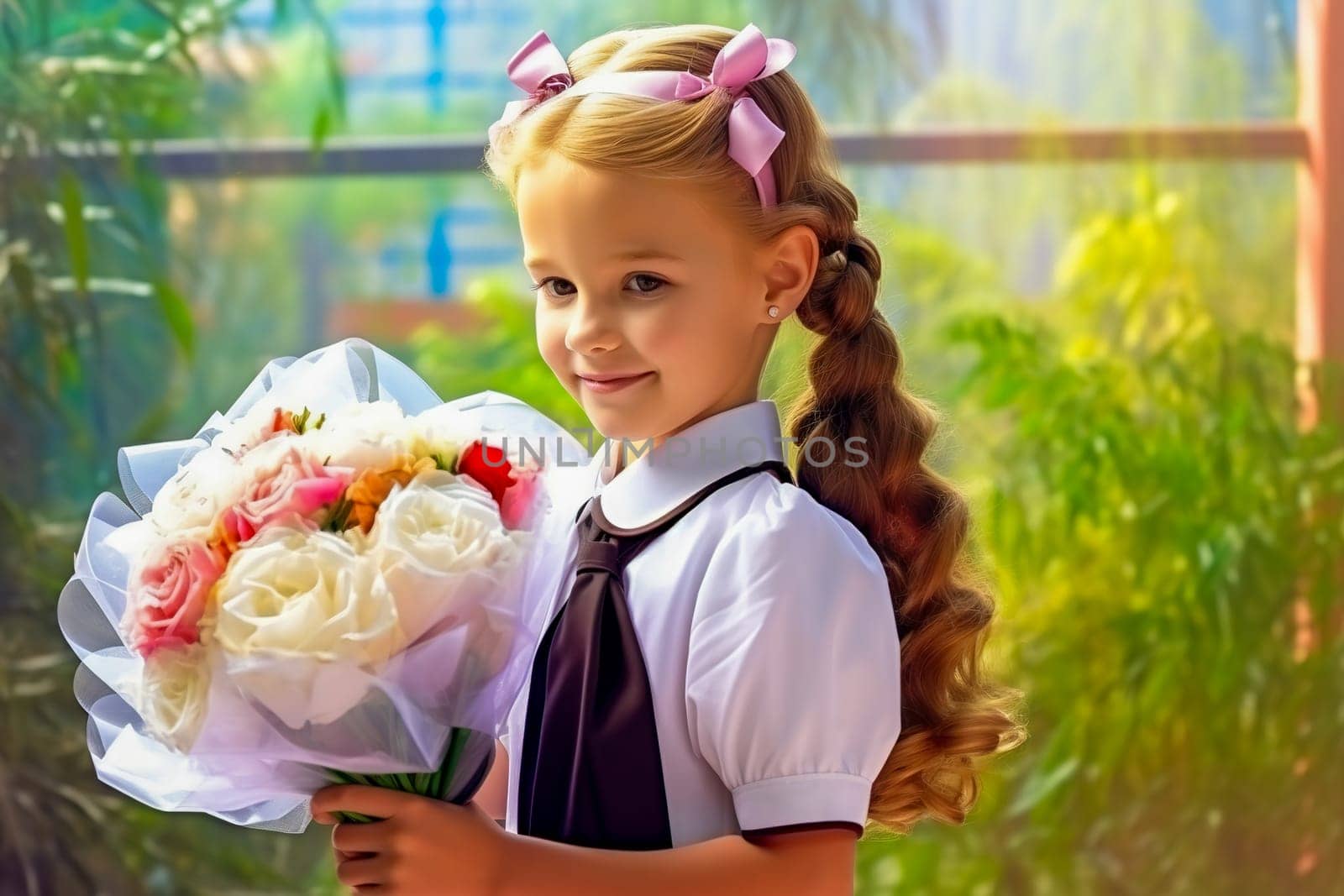 Portrait of a first-grader with a bouquet of flowers. Generative AI. High quality illustration