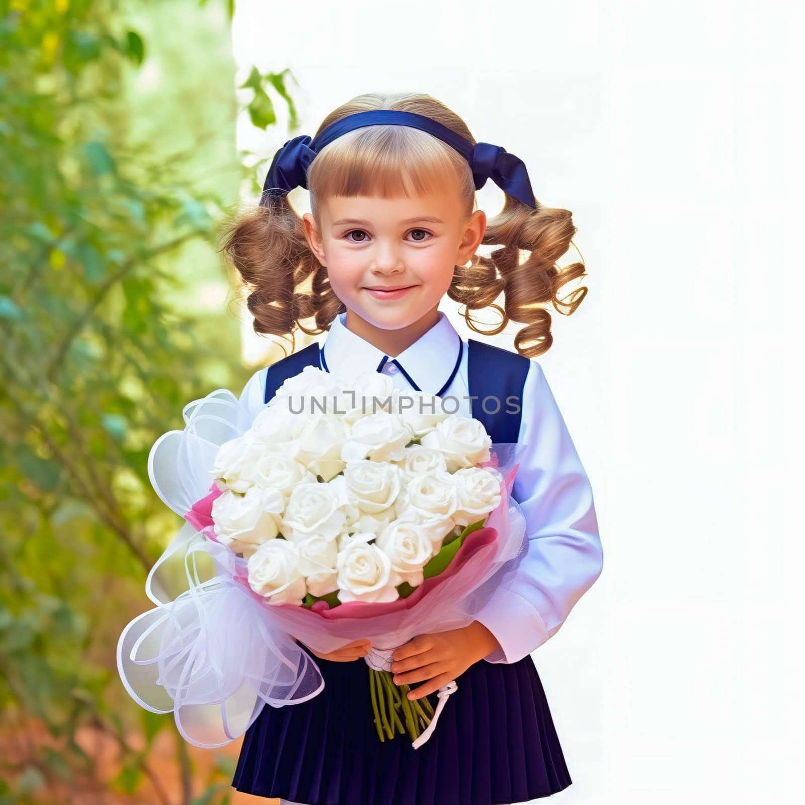 Portrait of a first-grader with a bouquet of flowers. Generative AI. High quality illustration