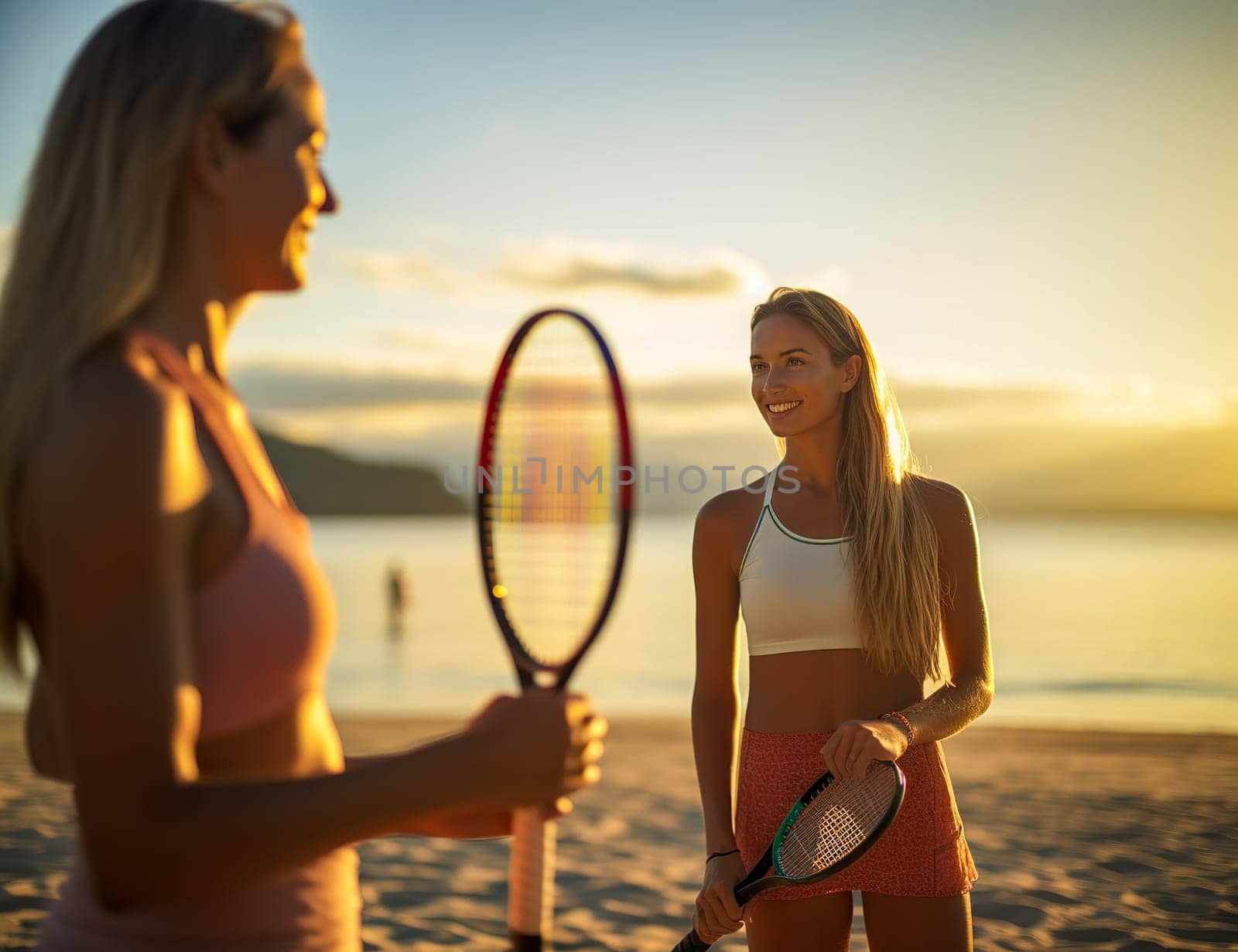 Girls play beach tennis. Generative AI. High quality illustration