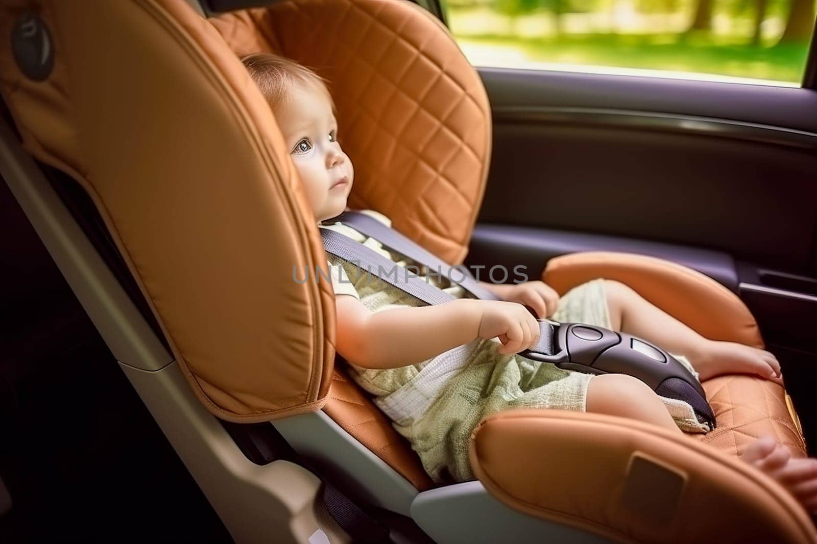 A child wearing a seat belt in a child car seat. Generative AI. High quality illustration
