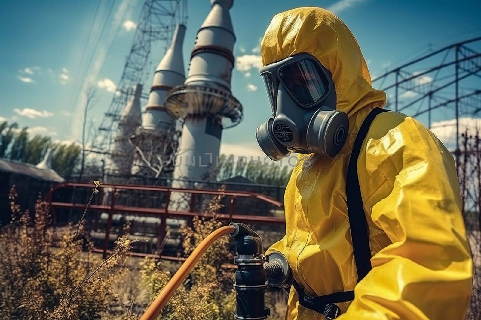 A man in a chemical protection suit against radiation sprays the area. Generative AI. High quality illustration