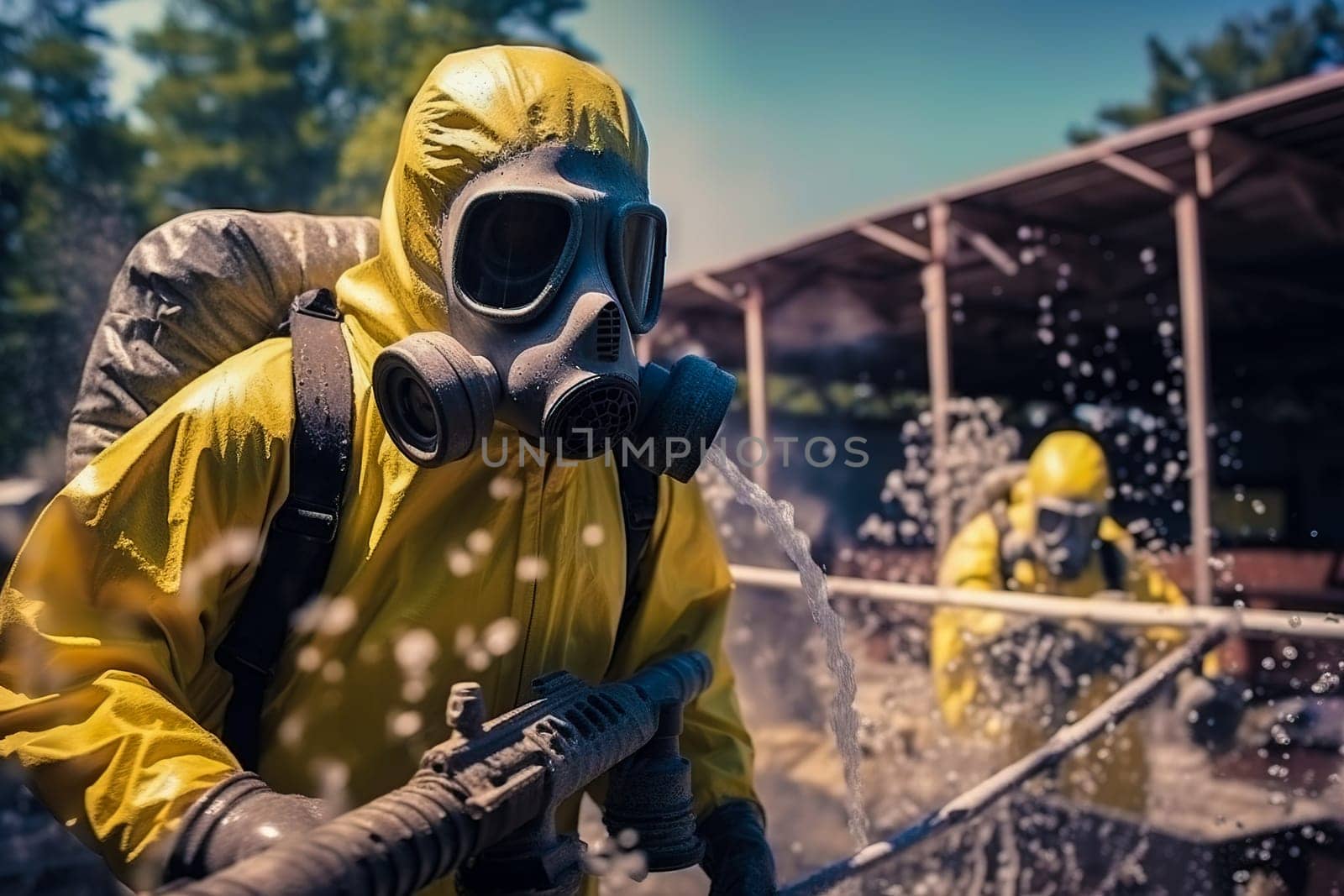 A man in a chemical protection suit against radiation sprays the area. Generative AI. High quality illustration