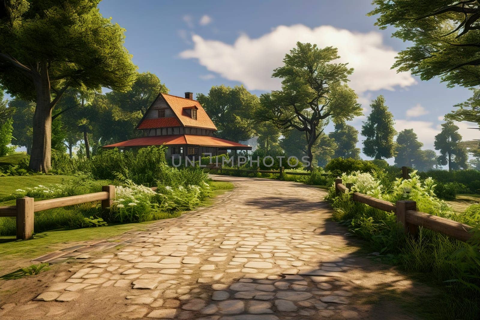 Clinker brick path to the house, landscaping. Generative AI. High quality illustration
