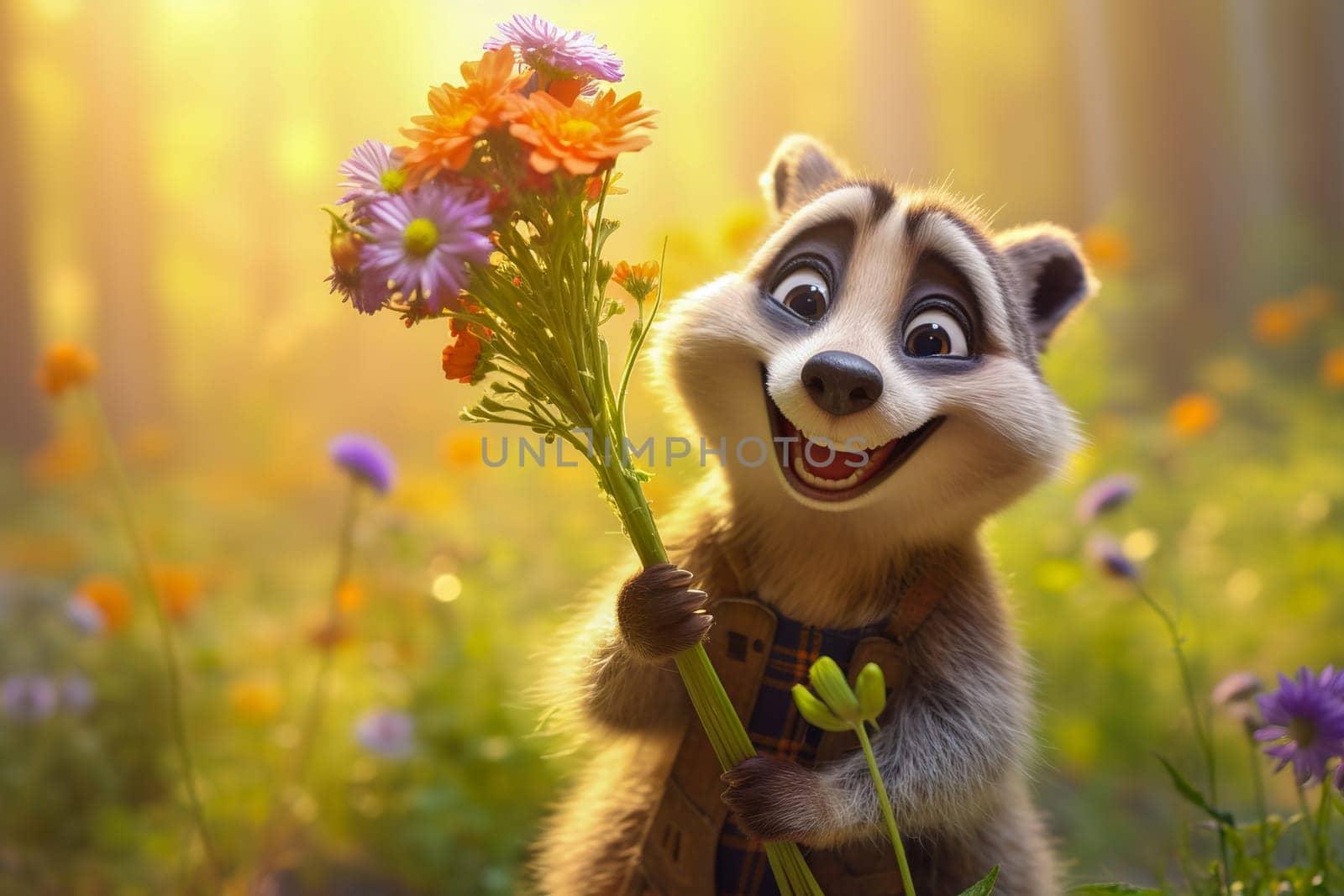 Funny, fluffy raccoon with a bouquet of flowers. Generative AI. High quality illustration