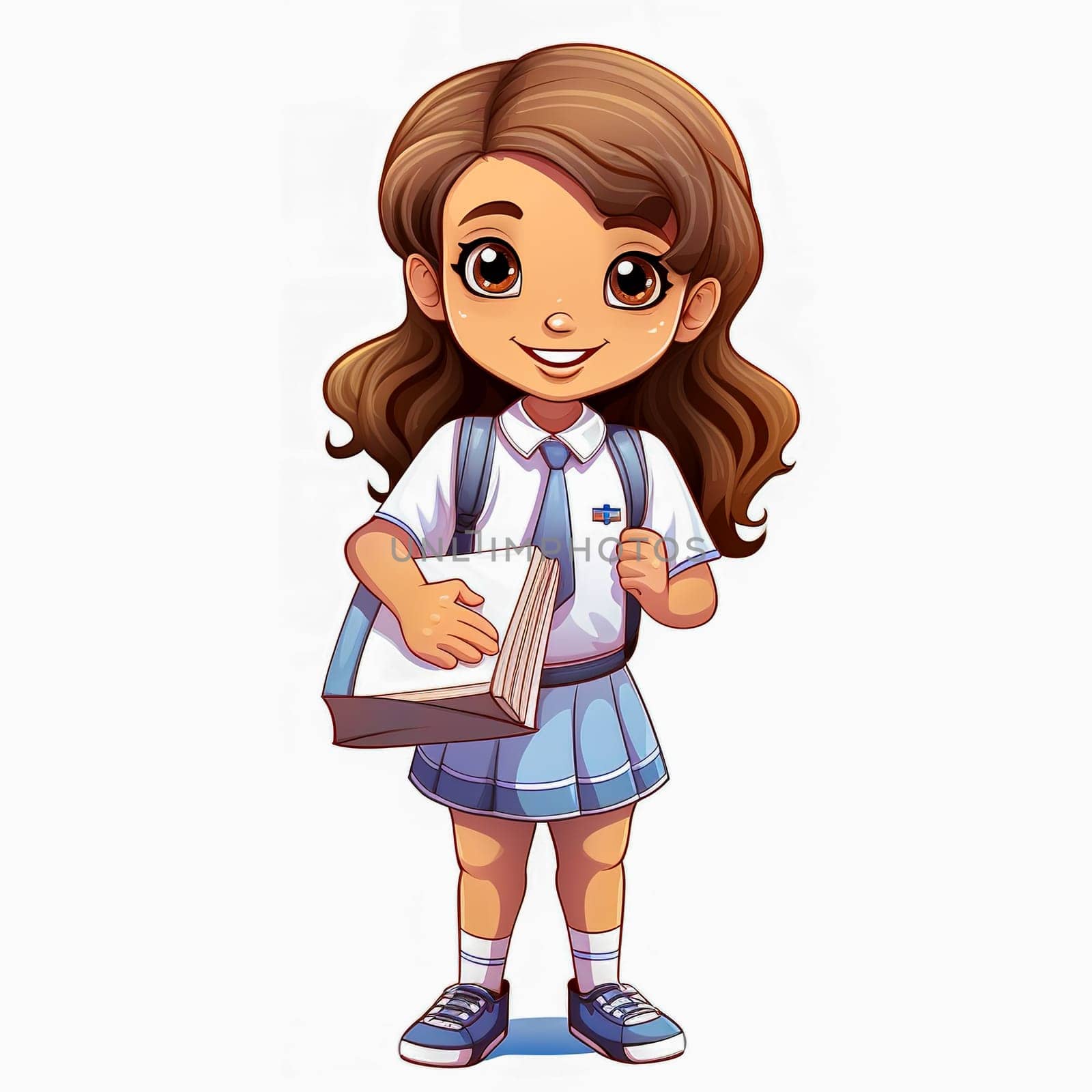 A first-grader in a school uniform with a textbook in her hands. Generative AI. High quality illustration