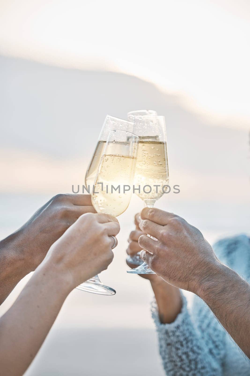Sunset, friends and hands toast with champagne, having fun or bonding together. Vacation, group and people cheers with wine glass, alcohol or drink for celebration on holiday, summer or party outdoor.