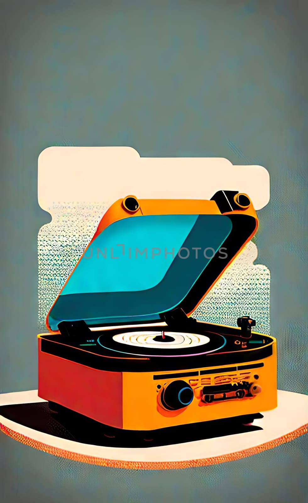 Artistic bright poster on the wall for printing in large format. A stylized poster from an old music player on vinyl discs. AI generated