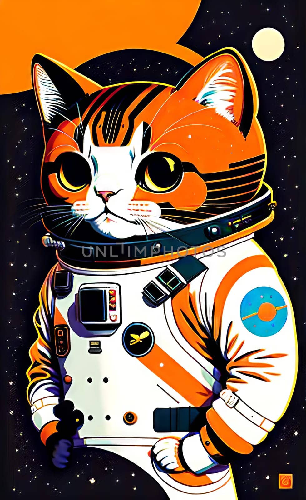 Artistic bright poster on the wall for printing in large format. Astronaut in a spacesuit. AI generated