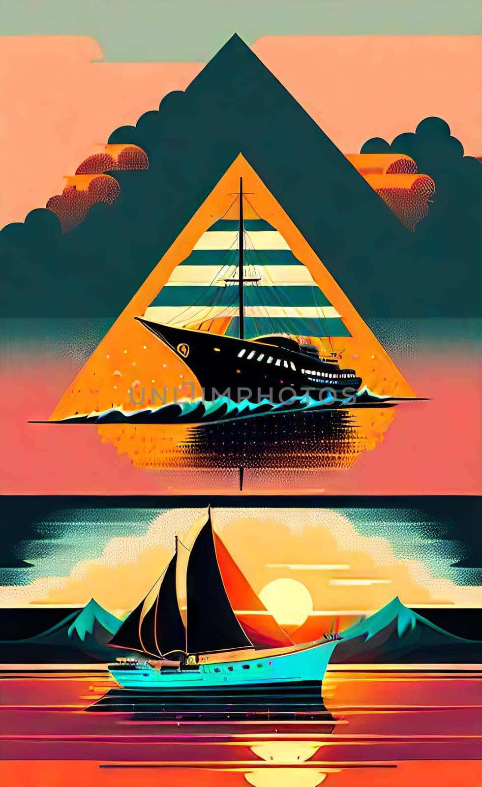 Art composition on the theme of traveling on a yacht. Yacht by the sea at sunset. Large expansion print poster. AI generated