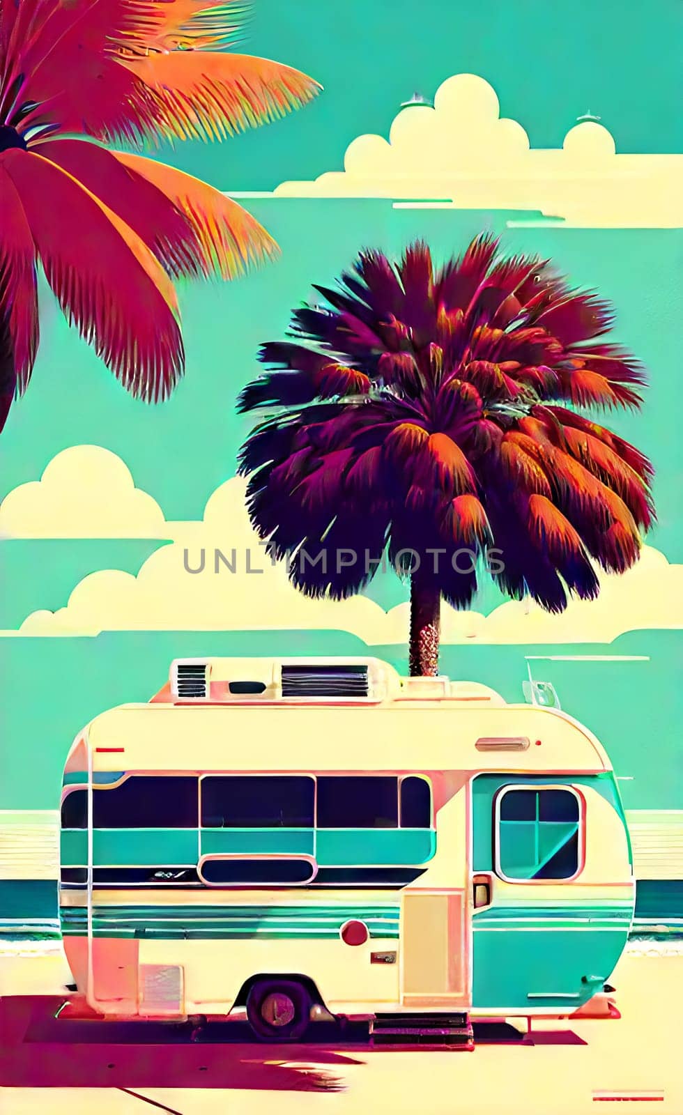 Motorhome by the sea. Rest campsite campsite. Travel by motorhome. AI generated