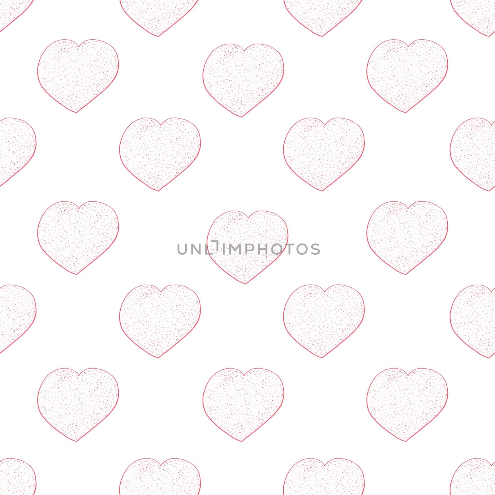 Seamless Pattern with Hearts. Hand Drawn Valentines Background. Red Hearts on White Background. Digital Paper Drawn by Colored Pencils.