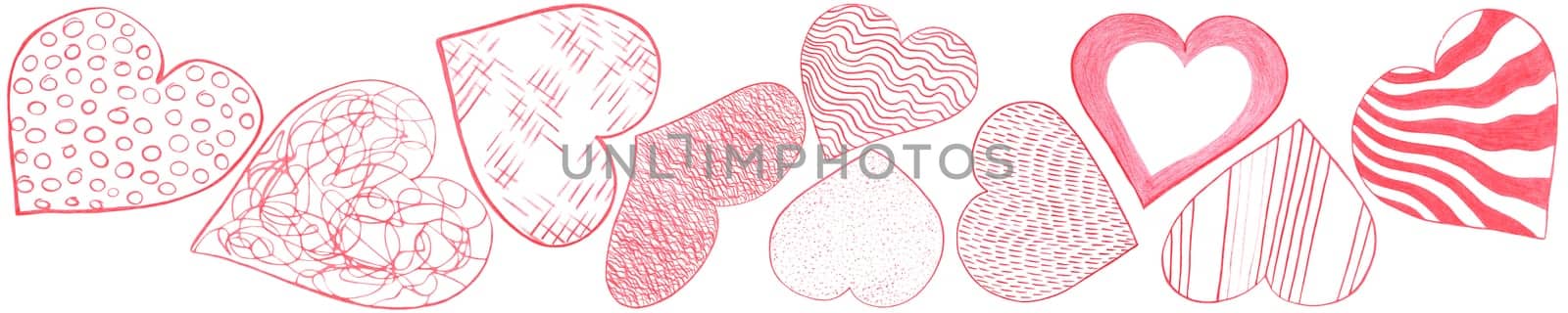 Set of Red Hearts Drawn by Colored Pencil. The Sign of World Heart Day. Symbol of Valentines Day. Heart Shape Isolated on White Background.