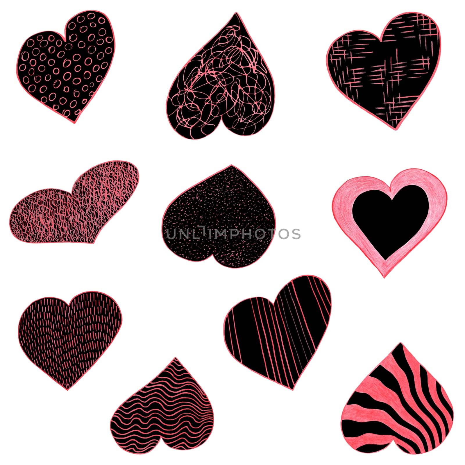 Set of Black and Red Hearts Drawn by Colored Pencil. The Sign of World Heart Day. Symbol of Valentines Day. Heart Shape Isolated on White Background.