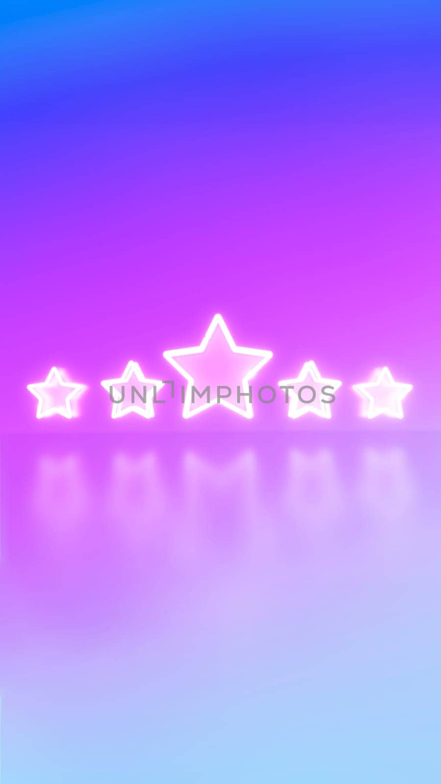 Neon light style 5 stars user rating for feedback or survey on purple gradient background.