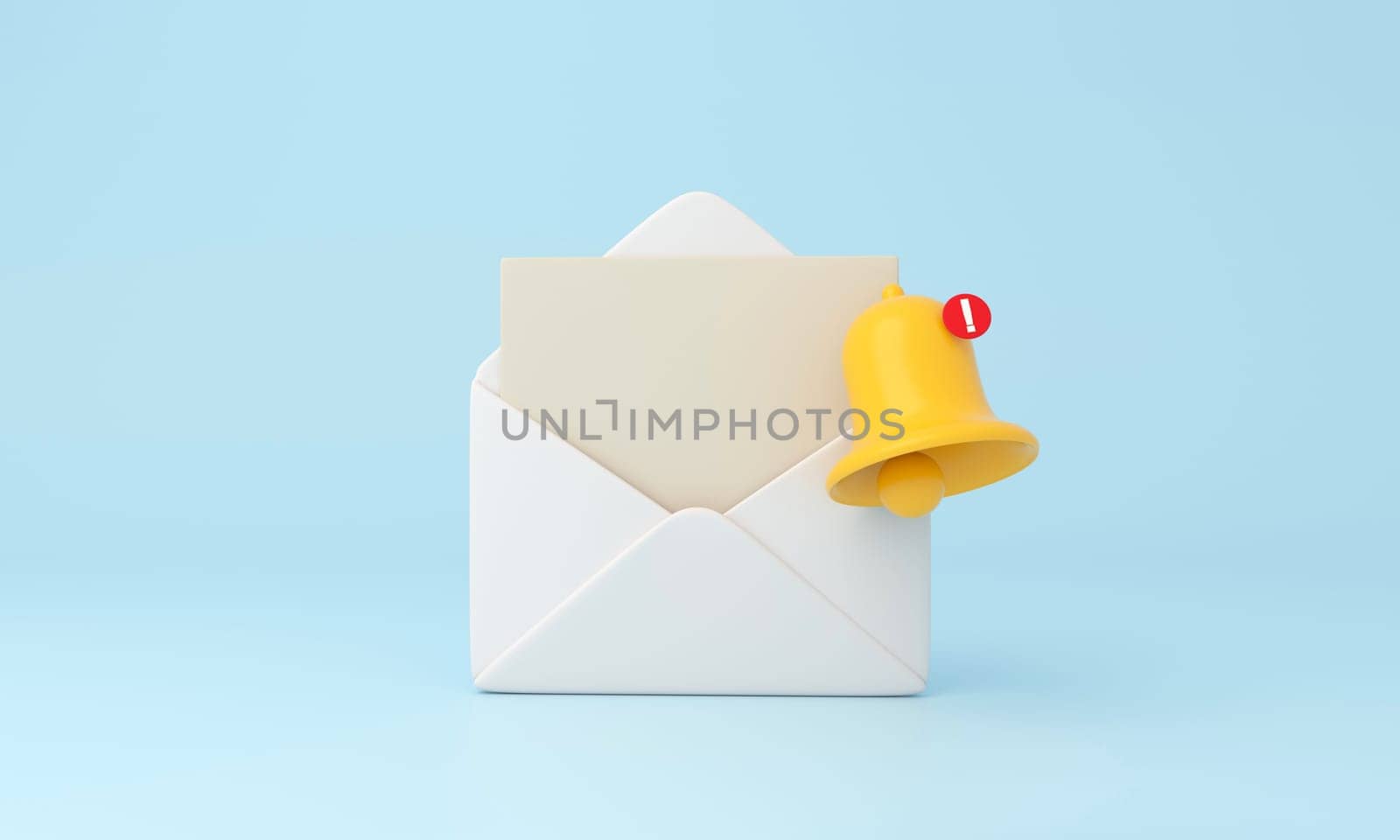 Envelope mail and notification bell icon. New mail notification. Notice of new letter or message. 3D rendering.