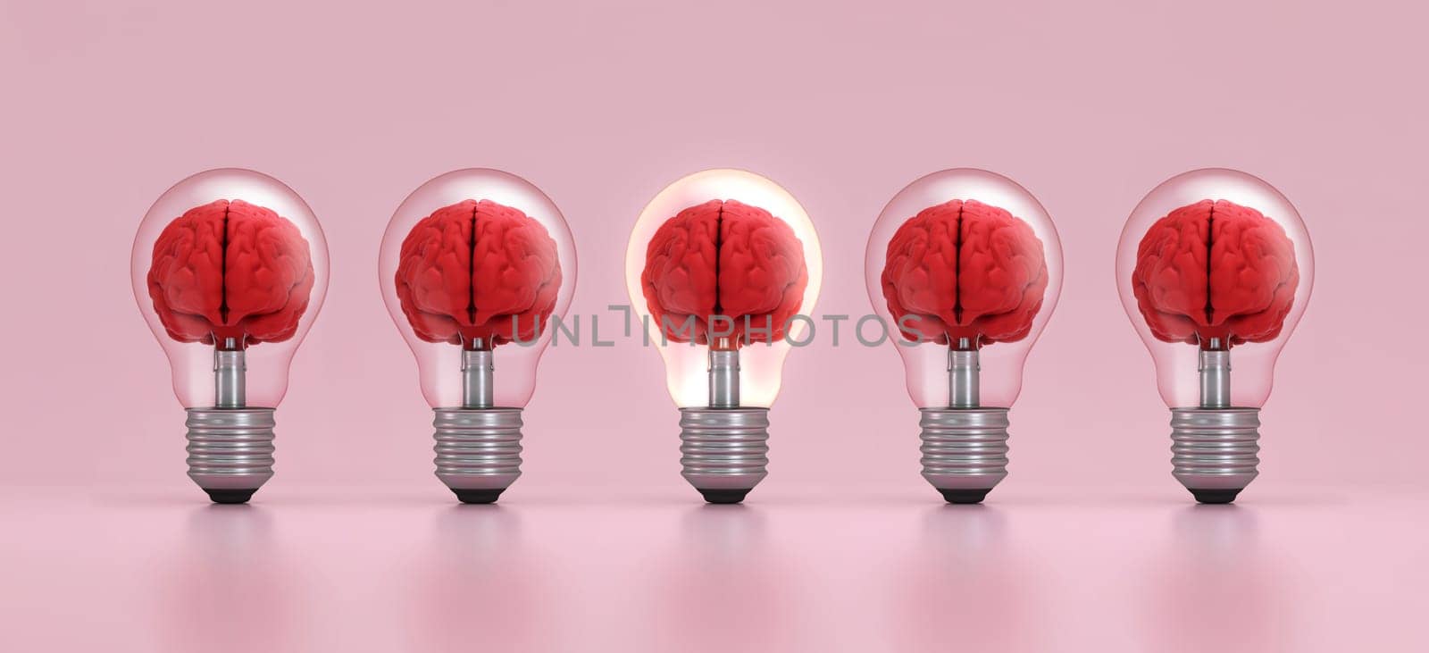 Brain inside a light bulb illuminated standing out from the crowd on pink background. Concept of inspiration, creativity, idea, education, innovation. 3D rendering.