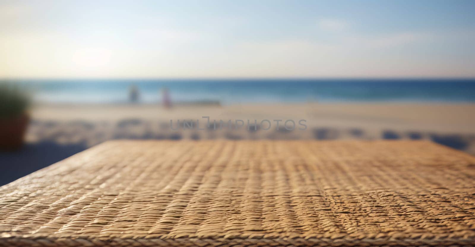 Empty wicker table in a beach , overlooking the sunset sea.Montage style to dispaly the product. Ai generative