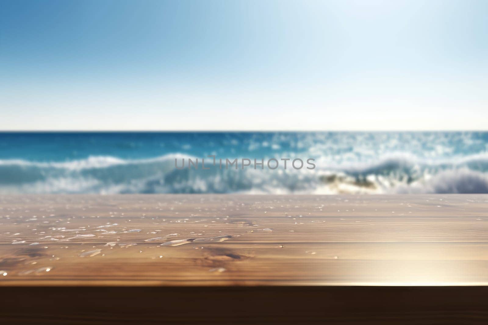 wooden wet table in a beach , overlooking blue sea.Montage style to dispaly the product. Ai generative