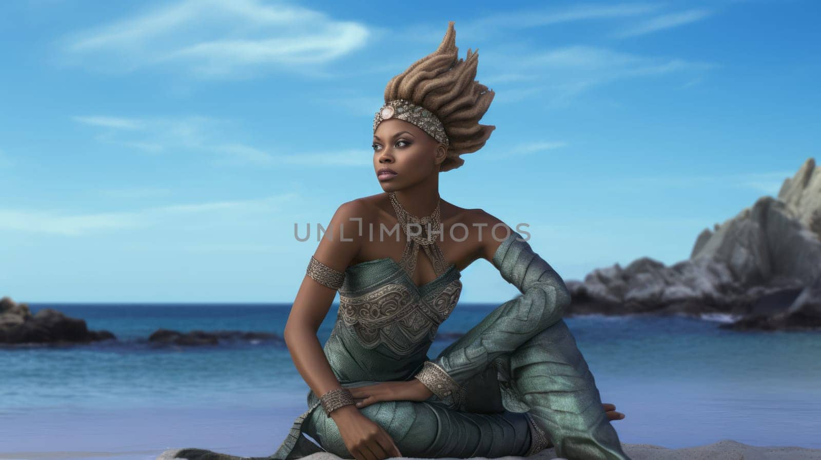 Stylish beautiful african american woman in a blue dress sits on the beach, near the sea, looks away . Ai generative