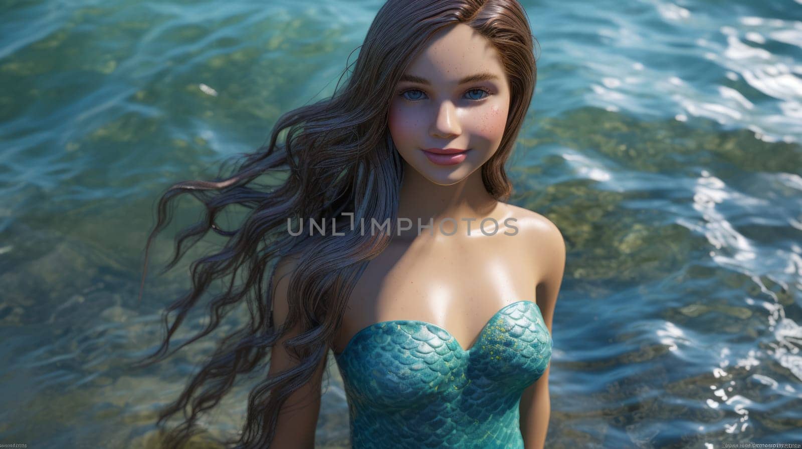 Portrait of a happy beautiful mermaid girl, in the sea. Ai generative