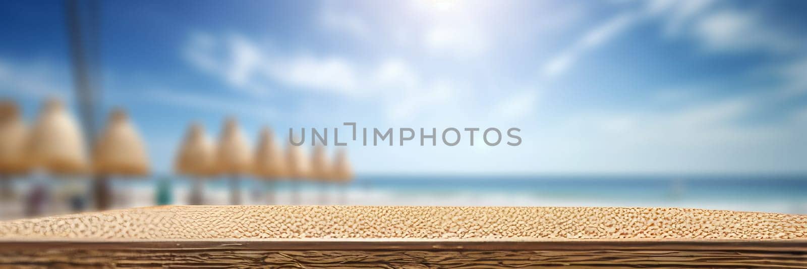 Empty wooden table in a beach , overlooking beach and blue sea.Ai generative by Zakharova