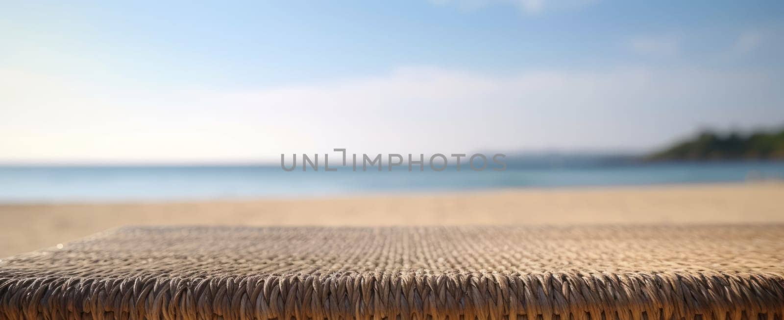 Empty wicker table in a beach , overlooking the blue sea.Montage style to dispaly the product. Wide banner. Ai generative